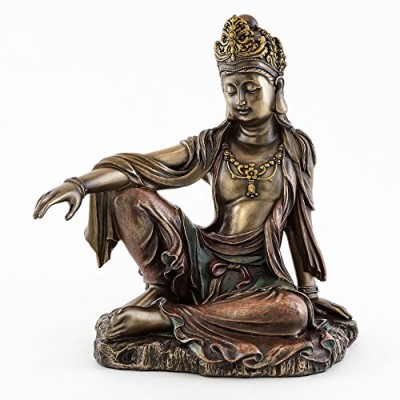 Top Collection H 7.25" W 6.5" Water & Moon Quan Yin in Royal Ease Pose Statue in Cold Cast Bronze - Goddess of Mercy Buddha Statue