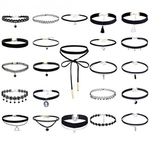 Tpocean 23 PCS Handmade Classic Elastic Lace Tattoo Choker Necklace Set Adjustable Black Gothic Velvet Collars for Women Tpocean 23 PCS Handmade Classic Elastic Lace Tattoo Choker Necklace Set Adjustable Black Gothic Velvet Collars for Women