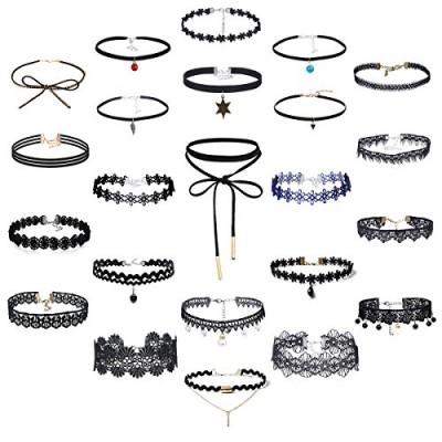 Tpocean 23Pcs Vintage Gothic Lace Tattoo Punk Velvet Choker Necklaces