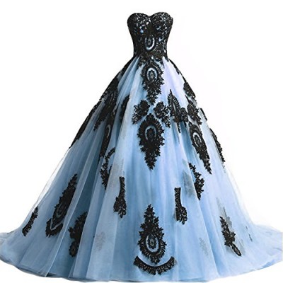 Black Lace Long Tulle A Line Prom Dresses Evening Party Corset Gothic Wedding Gowns Sky Blue US 22W