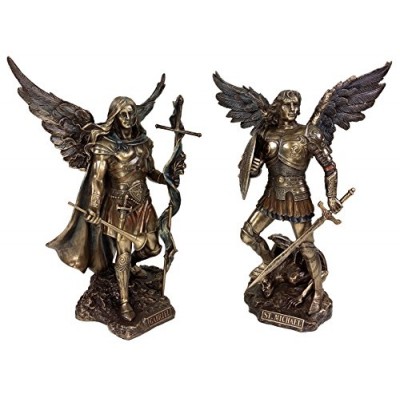 Pair - Saint Michael and Gabriel Archangel W/ Sword and Shield Food on Demon Statue Bronze Finish