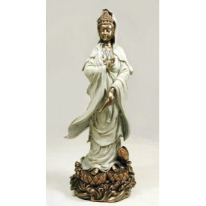 WHITE ROBE KUAN-YIN ON LOTUS, Real Bronze Powder Cast Statue 12 1/2-inch
