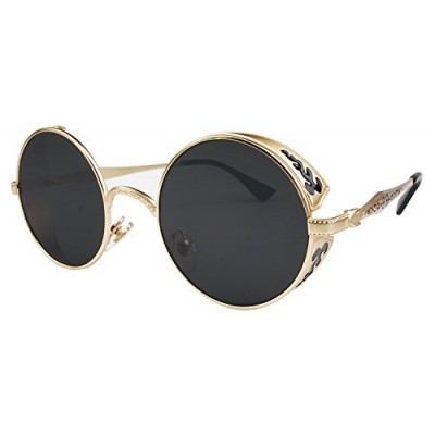 Vivian & Vincent Vintage Hippie Retro Metal Round Circle Frame Sunglasses (Gold Frame Black Lens)