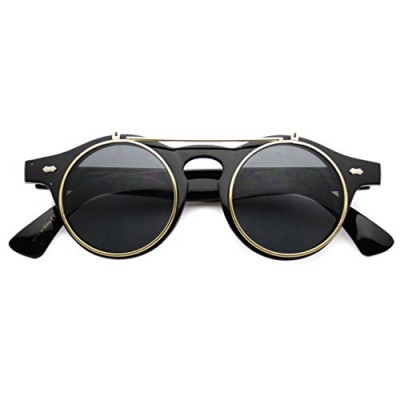 Flip up Cyber Steampunk Round Circle Retro Sunglasses (Black/Gold Rimmed, 43)