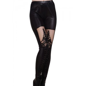 Vintage Punk Lace up Stitching Faux Leather Gothic Embossed Pattern Legging 