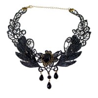 Yazilind Black Rose Flower Lace Gothic Lolita Beads Pendant Choker Necklace 12.87in