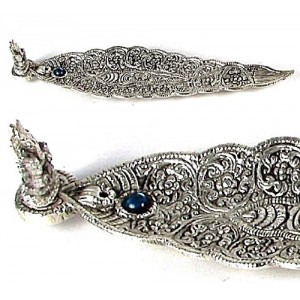 Zap Impex® Ganesh Leaf Incense Burner ~ White Metal w/ Blue Ornament