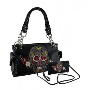Vinyl Purse Wallet Kits Embroidered Floral Sugar Skull Concealed Carry Purse/Wallet Set Black 13 X 7 X 4.5 Inches Black