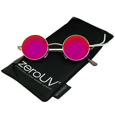 zeroUV - Small Retro Lennon Inspired Style Colored Mirror Lens Round Metal Sunglasses 41mm (Gold/Magenta Mirror)