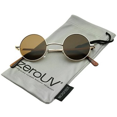 zeroUV - Small Retro Lennon Inspired Style Neutral-Colored Lens Round Metal Sunglasses 41mm (Gold/Brown)